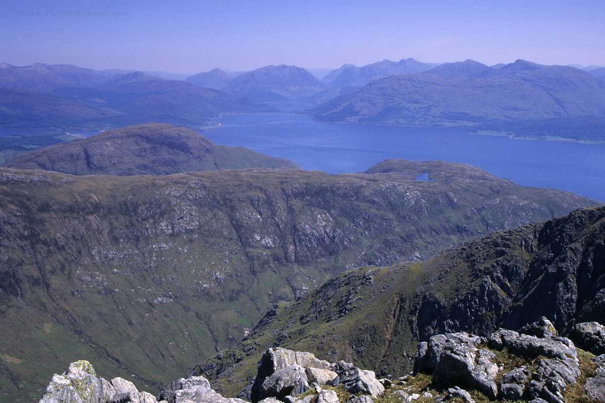 View east from the summit of Garbh Bheinn of Ardgour, over Druim an Iubhair and Loch Linnhe to Ballachulish. View east from the summit of Garbh Bheinn of Ardgour.