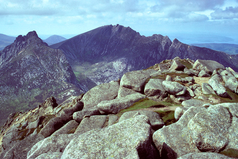 Cir Mhòr, Caisteal Abhail and Ceum na Caillich (The Witch's Step), from North Goatfell. Cir Mhòr, Caisteal Abhail and Ceum na Caillich (The Witch's Step), from North Goatfell.