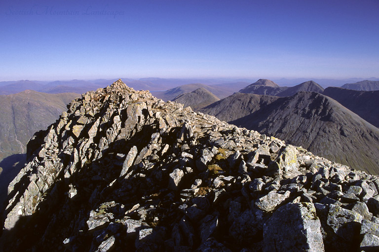 Looking over the summit of Stob Coire Sgreamhach to Buachaille Etive Mòr and Buachaille Etive Beag.