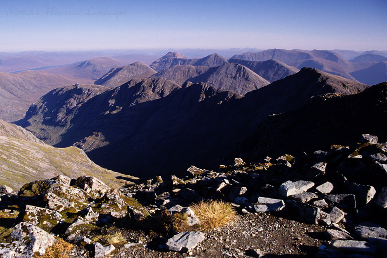 Looking east from the summit of Bidean nam Bian, over Beinn Fhada, Buachaille Etive Beag and Buachaille Etive Mòr.