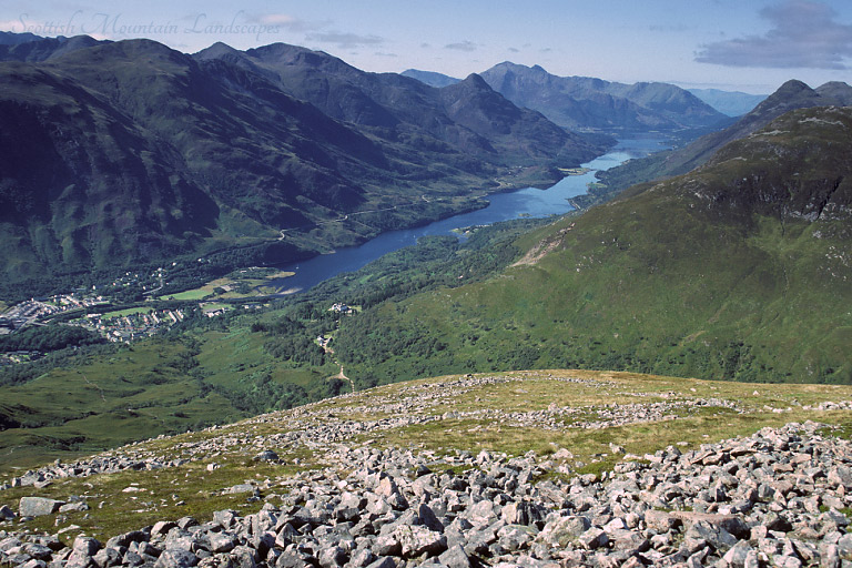View south-west from the summit of Na Gruagaichean, over Kinlochleven and Loch Leven.