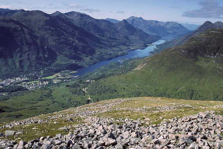 View south-west from the summit of Na Gruagaichean, over Kinlochleven and Loch Leven. View south-west from the summit of Na Gruagaichean, over Kinlochleven and Loch Leven.