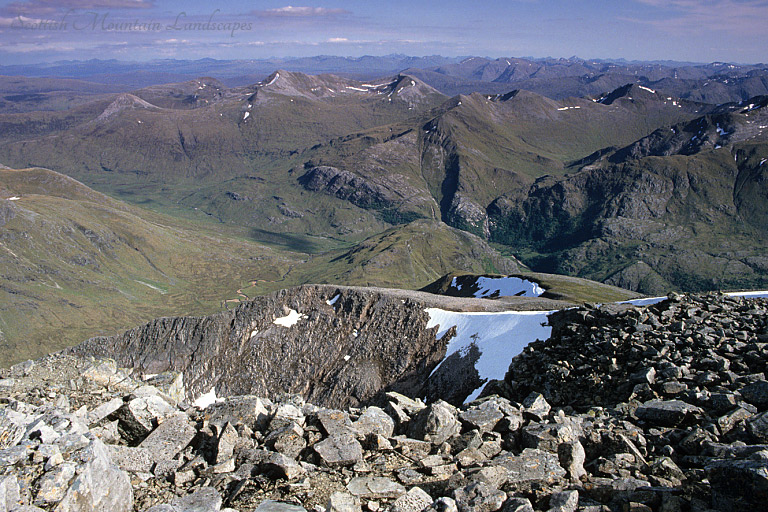 Looking over the Càrn Mòr Dearg arête and Glen Nevis, from the summit of Ben Nevis.