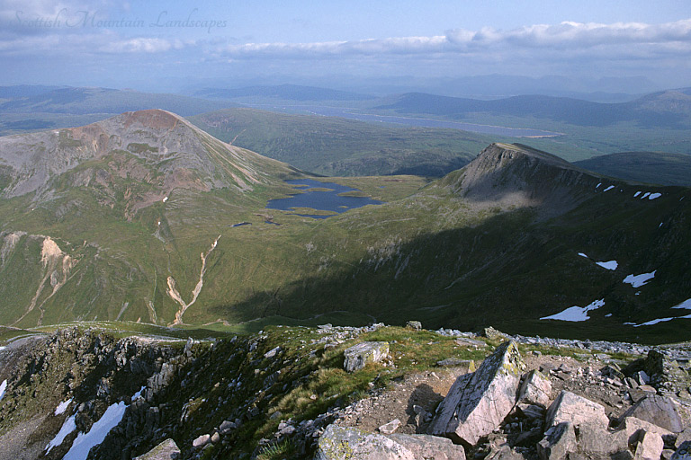 Sgurr Eilde Mòr, Coire an Lochain and Sgòr Eilde Beag, from the summit ridge of Binnein Mòr. Sgurr Eilde Mòr, Coire an Lochain and Sgòr Eilde Beag, from the summit ridge of Binnein Mòr.
