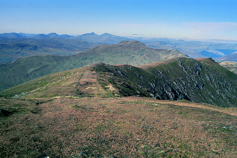 Looking north-west from the summit of Ben Ledi, over Benvane to the Crianlarich hills. Looking north-west from the summit of Ben Ledi, over Benvane to the Crianlarich hills.