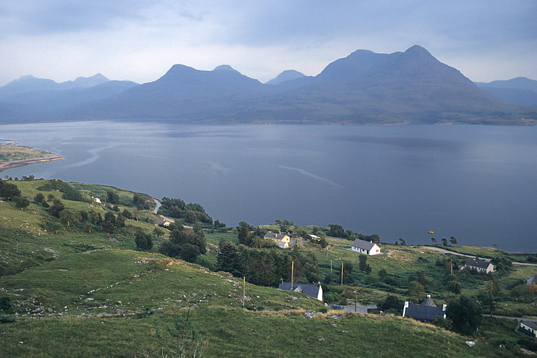 Looking over Upper Loch Torridon at Inveralligin, to Sgurr na Bana Mhoraire and Beinn Damh.